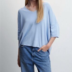 Mango Soft Blue V neck Cotton Knit Sweater Top with 3/4 Sleeves Size Small